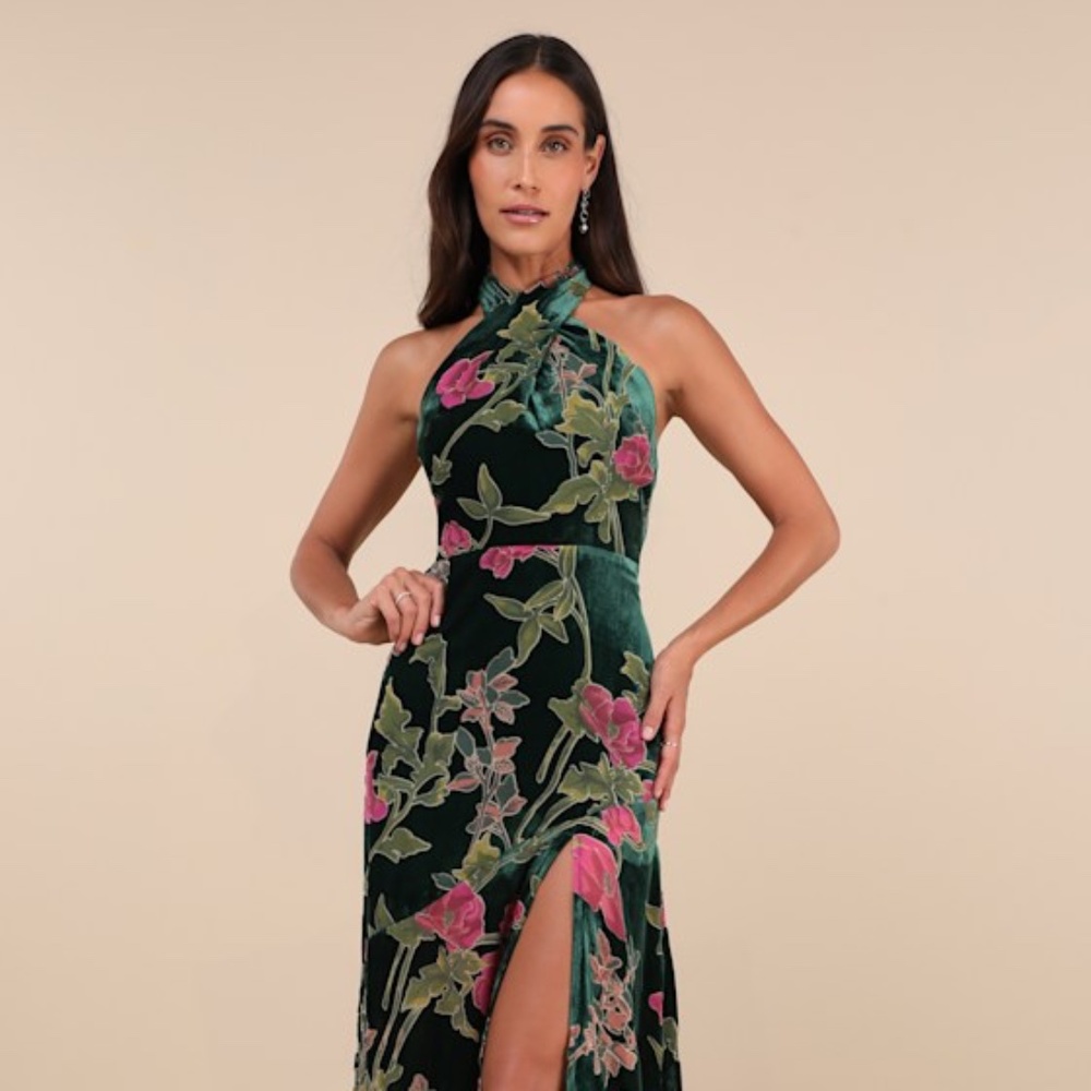 Lulus Flawlessly Gorgeous Green Burnout Floral Halter Maxi Dress - Size XL